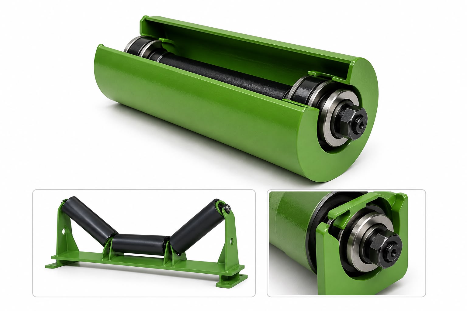 Rodillos transportadores CEMA pintados en verde con rodamientos y estructura de soporte