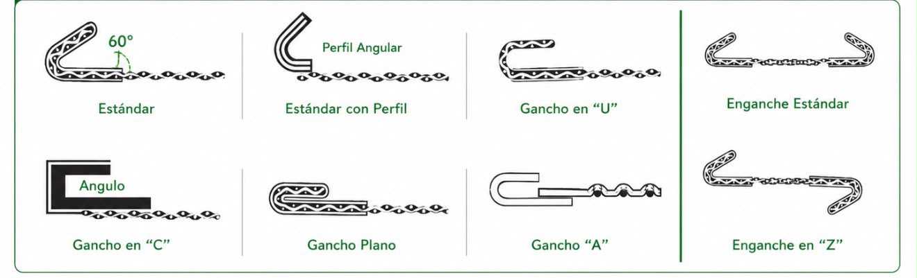 Tipos de gancho disponibles para malla de zaranda