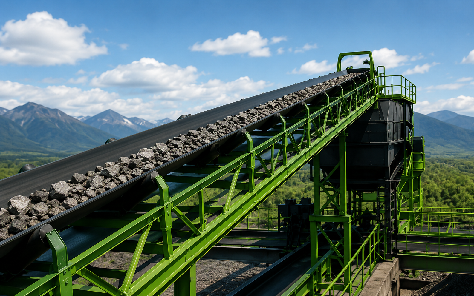 Banda transportadora industrial cargada con agregados, planta minera con montañas de fondo